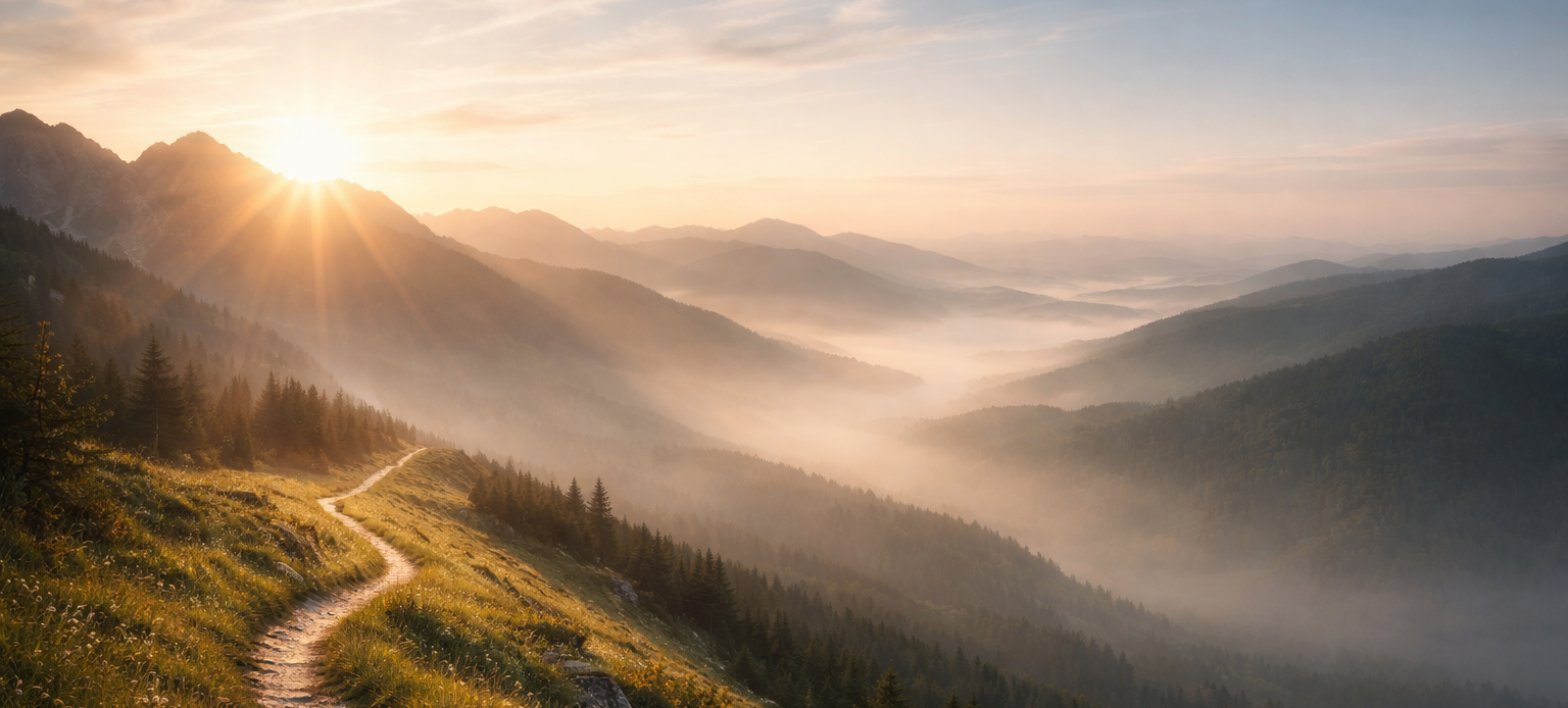 Der Weg über dem nebeligen Tal als Symbol für Orientierung und Halt in Veränderungsphasen.